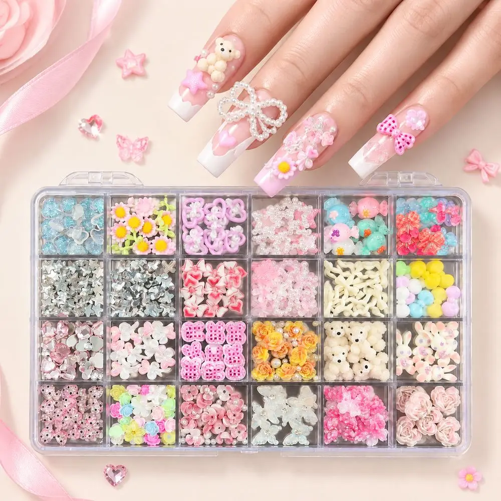 24Grids Whimsical Fairy Nail Charms Magical Butterfly Star Flower Pearl Rhinestone for Fantasy Theme Party Manicure Nail Decor