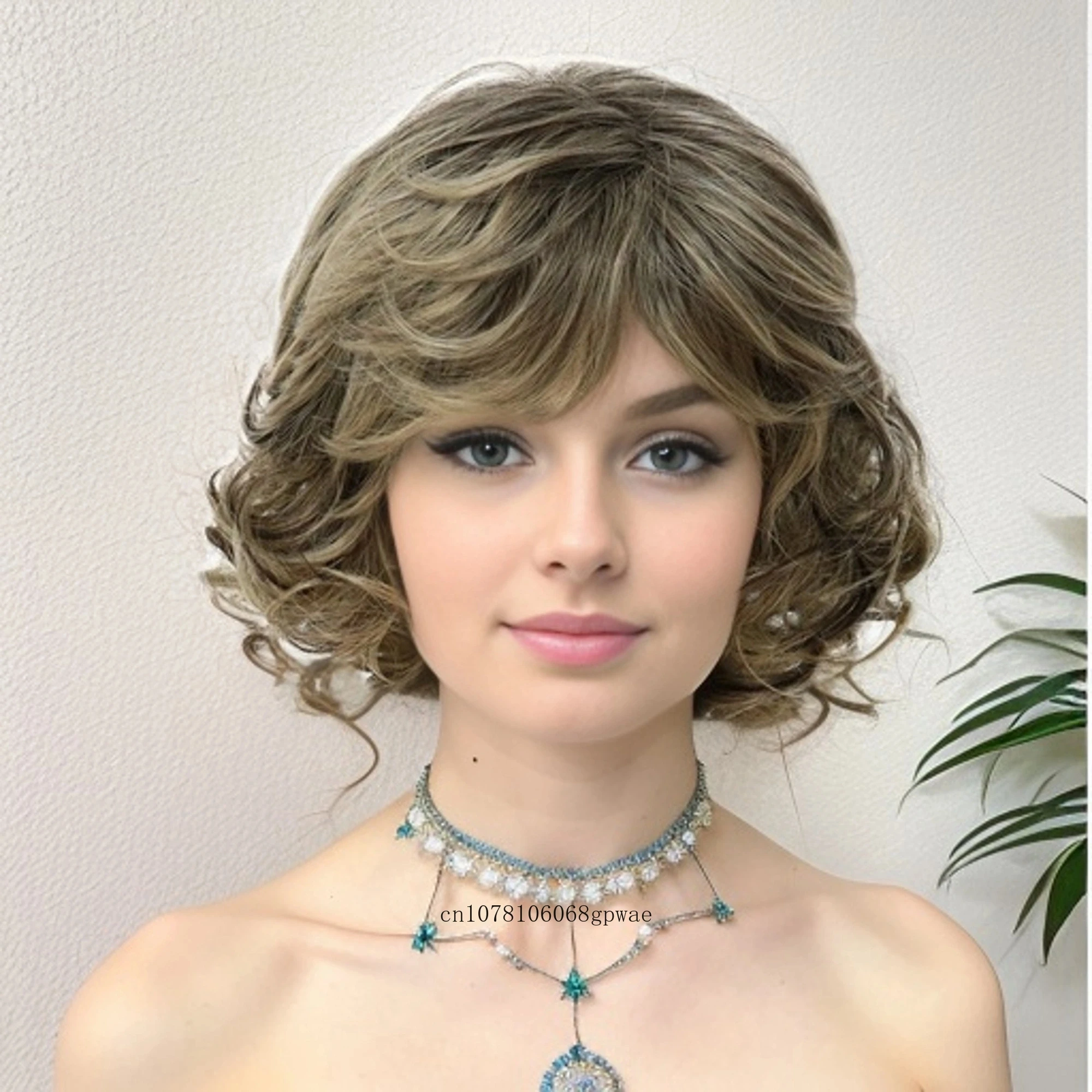 

Synthetic Short Curly Wig with Bangs Mix Brown Wig Natural Fluffy Highlight Hair for Women Ladies Daily Party Heat Resistant Use