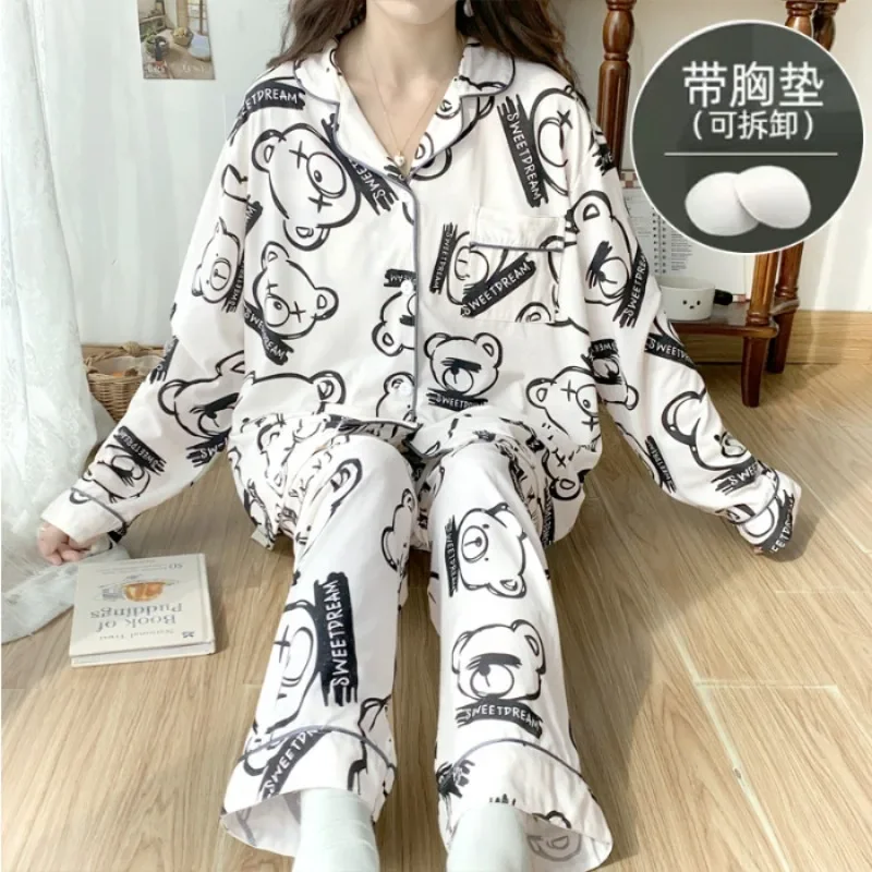 Pyjama deux pièces imprimé dessin animé pour femme, grande taille, coussin de poitrine, automne, printemps, faux coton, vêtements de maison, pantalon coréen, ensemble haut