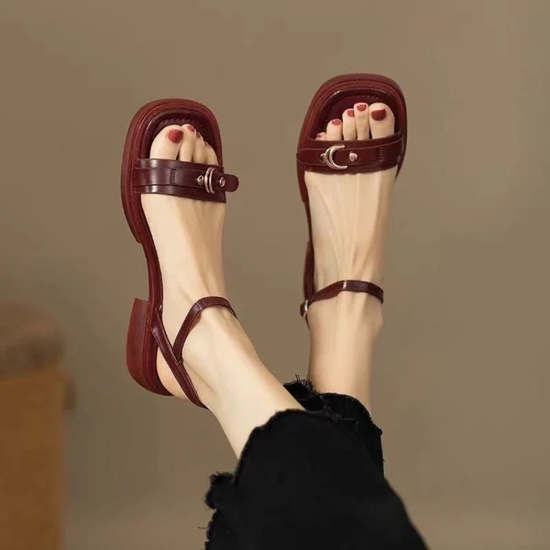 

Pop 2025 Summer Women Sandals Fashion Genuine Leather Buckle Concise Office Heels Plus Size Ladies Casual Outdoor Shoes