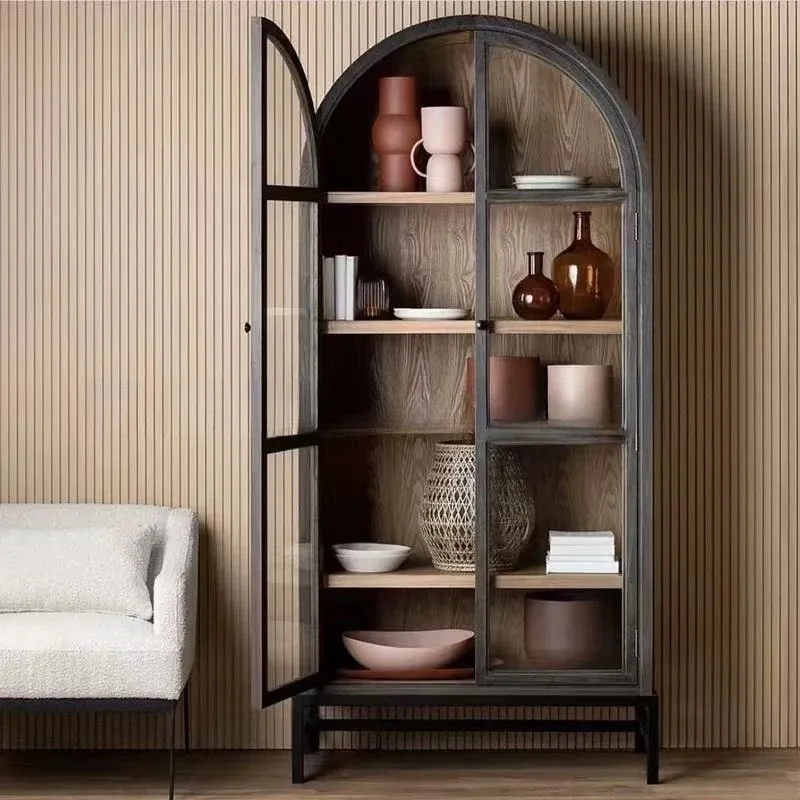 

American solid wood arched bookcase household glass door display cabinet