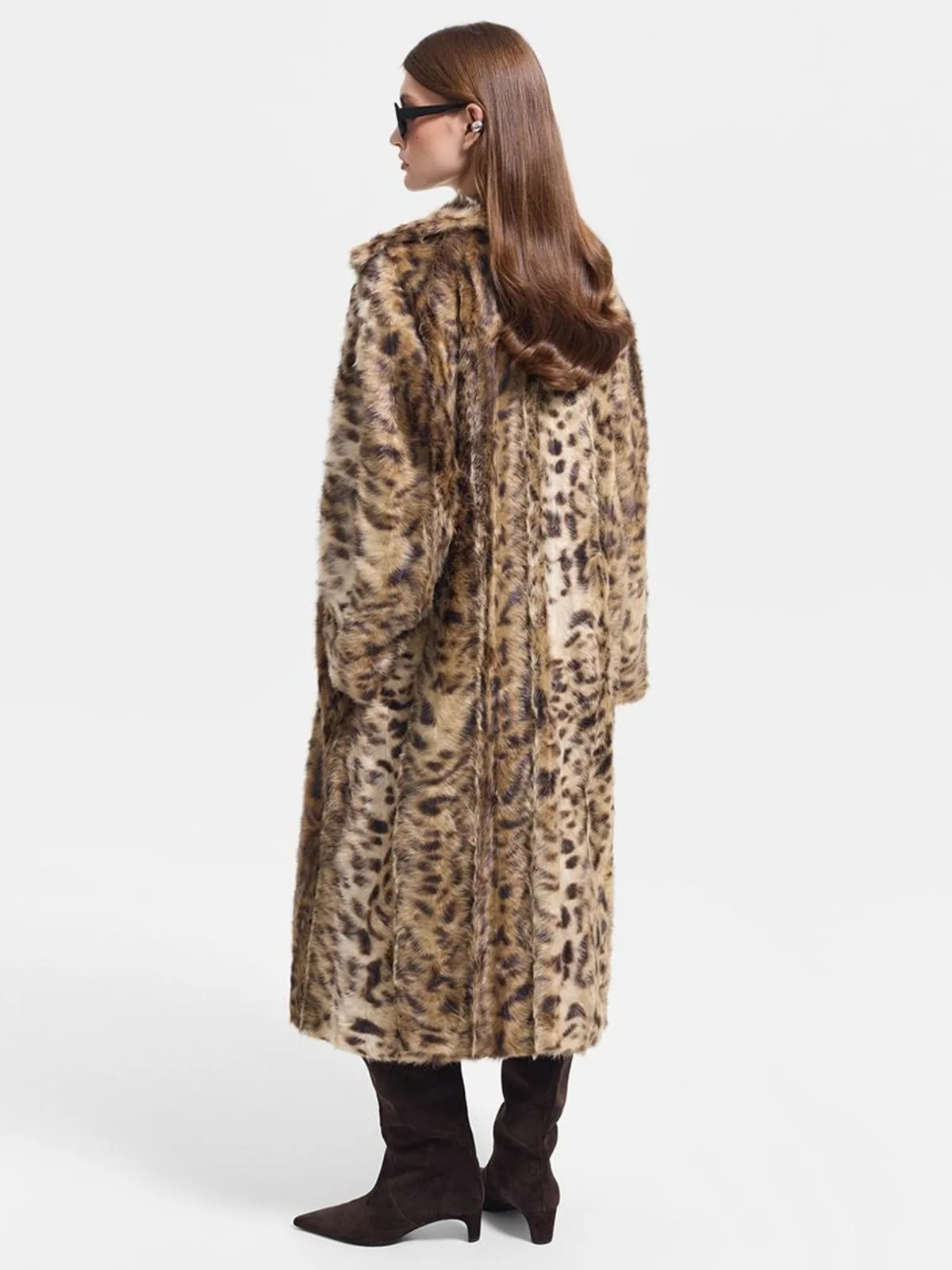 DFDG Women Faux Fur Long Overcoat Leopard Pattern Lapel Collar Open Front Oversized Thick Fluffy Winter Warm Outer Garment