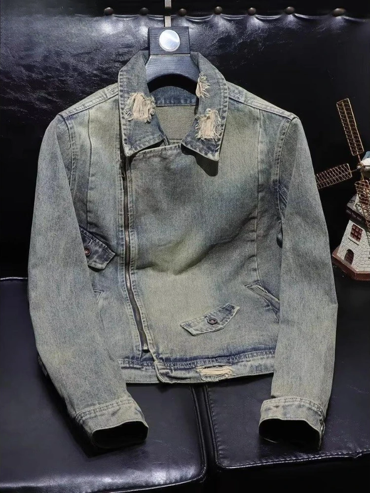 

Spring Fall Distressed Denim Jacket Men American Vintage Streetwear Oversized Washed Biker Coat Loose Fit Retro Jean Outerwear