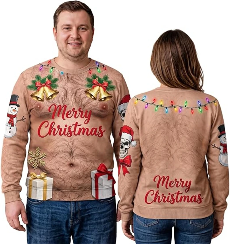Funny Santa Costume Hairy Chest Christmas Sweatshirt 3D Print Ugly Sweater Unisex Fashion New Autumn Winter Pullover Men Women