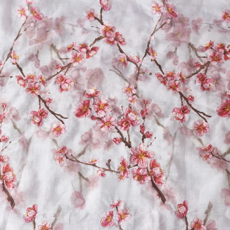 1yard High quality ramie fabric Pink plum embroidery tissus clothing fabric for material