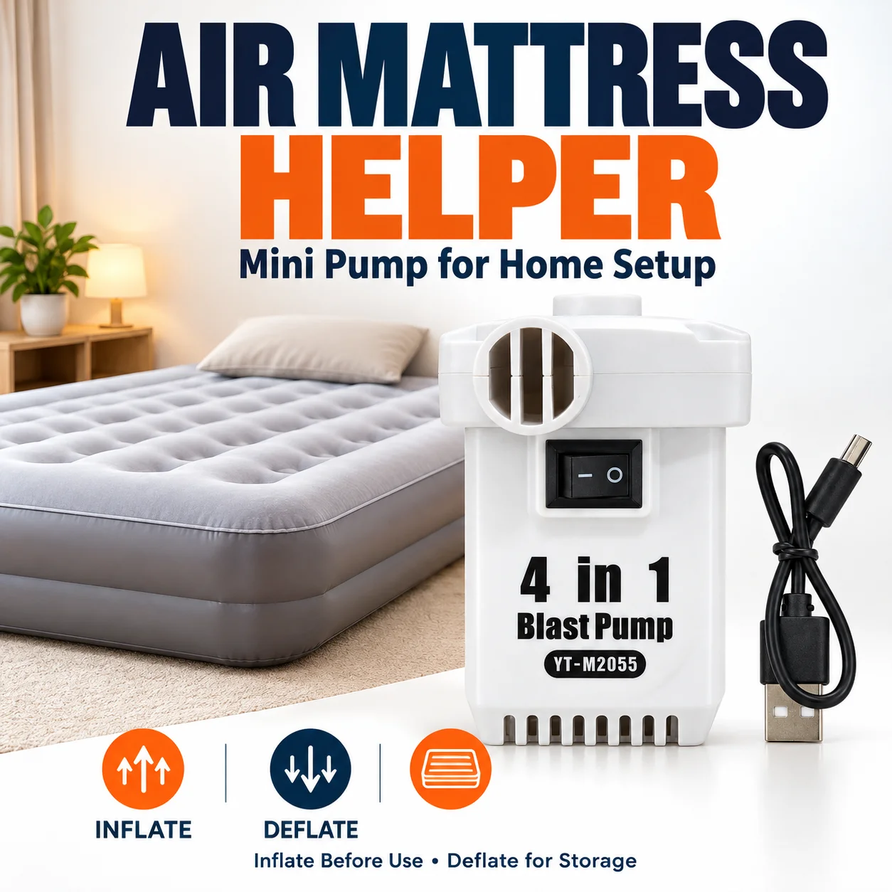 New Model 4-in-1 Wireless Portable USB Rechargeable Electric Air Pump for Camping Air Mattresses, Inflatable Sofas, Swimming Rings, Toys, Home Vacuum Compression Bags, Vacuum Storage Pump, Air Blowing, Dust Removal, Air Blowing Device