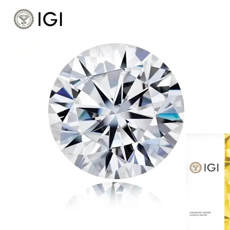 High-quality D-color VS1-VVS2 lab-grown round diamond with IGI certificate and HPHT CVD certification.