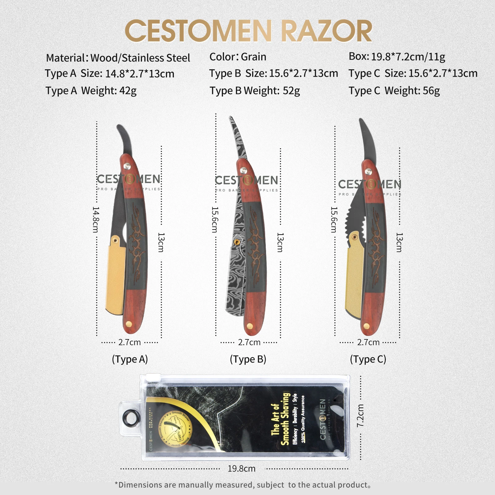 Maquinilla de afeitar Manual para Barbero, soporte de cuchillo plegable profesional de acero inoxidable para afeitado de barba, mango de madera, cuchillas de seguridad, 3 tipos