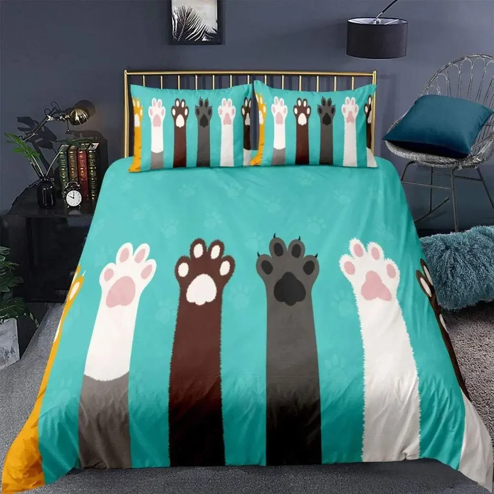 Blue Cartoon Cat Paw Print Duvet Cover for Children Boys and Girls Duvet Cover Cute Pet Cat for Bedroom Decorations Queen King