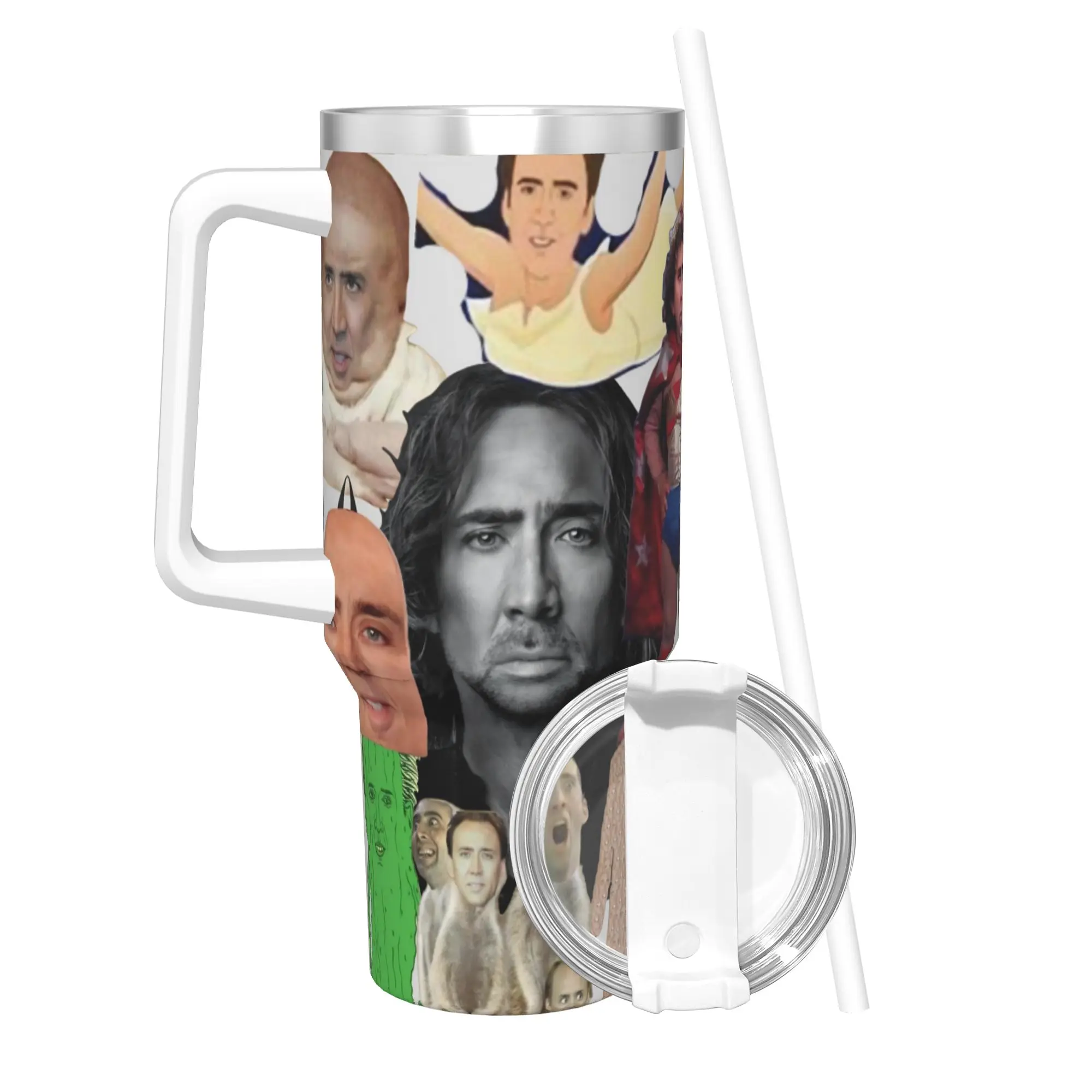 Nicolas Cage Tumbler With Straw  Stainless Steel Mug Cups Double Wall Vacuum Insulated for Cold Or Hot 40oz