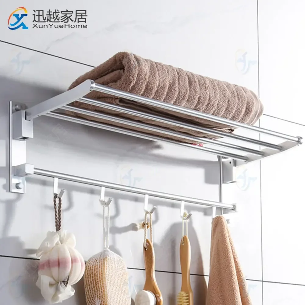 Towel Rack Hanger Bar 40-60 CM Fold Holder With Movable Hook Matte Silver Aluminum Shower Organizer Shelf Bathroom Accessories