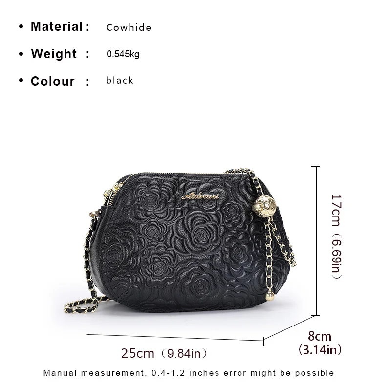 Aidrani  Fashionable flower design women's shoulder crossbody bag, high-quality cowhide black chain bag