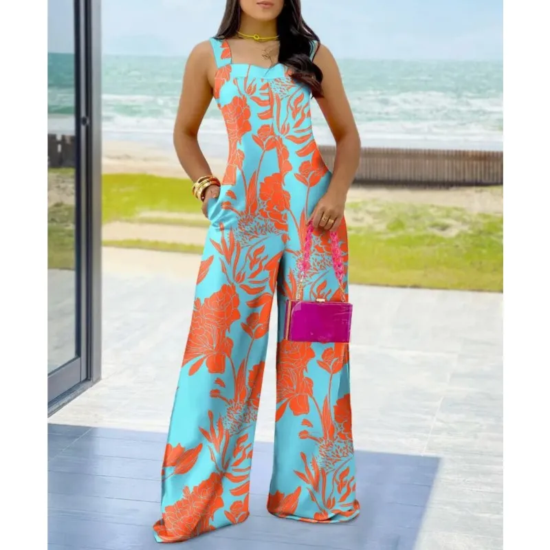 New trend printed fashionable jumpsuit for women's summer suspender fashion casual wide leg jumpsuit mono mujer verano