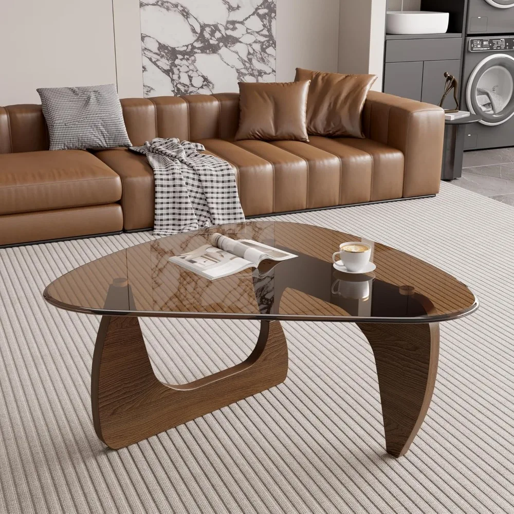 

Modern Glass Coffee Table, Triangle Center Table with Tempered Glass Top& Unique Wooden Base, 35.5” Mid Century Tea, Customized