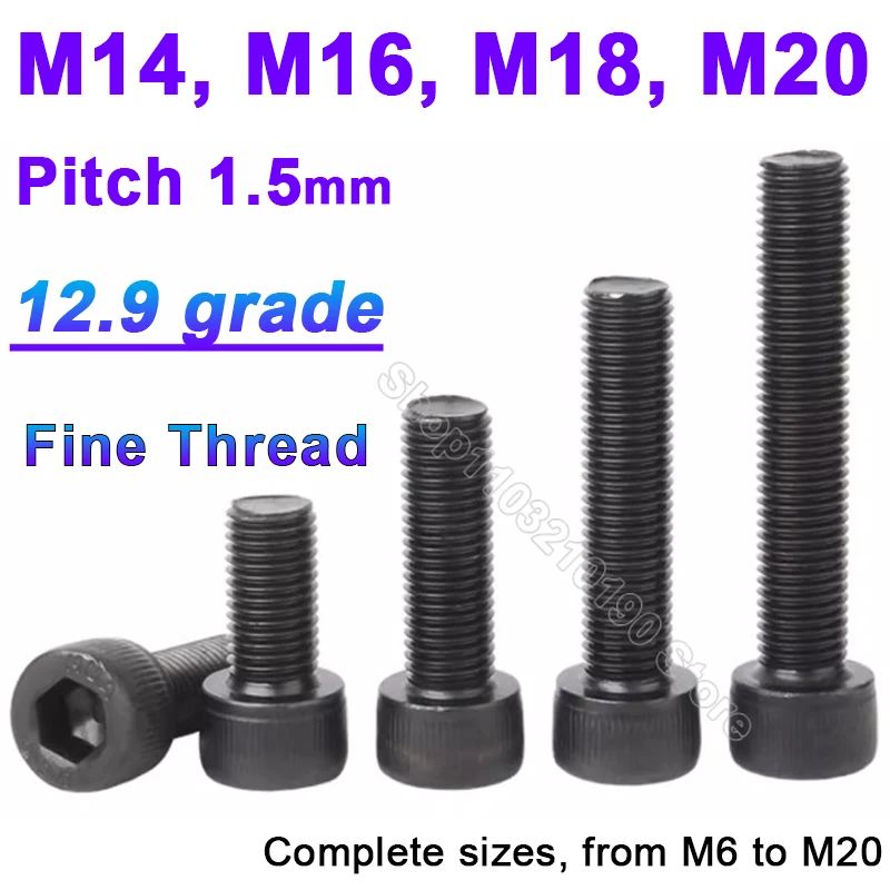 

1Pc M14 M16 M18 M20 Black 12.9 Grade Fine Thread Hexagon Hex Socket Cap Head Screws Allen Bolts Pitch 1.5mm DIN912 L=25-100mm