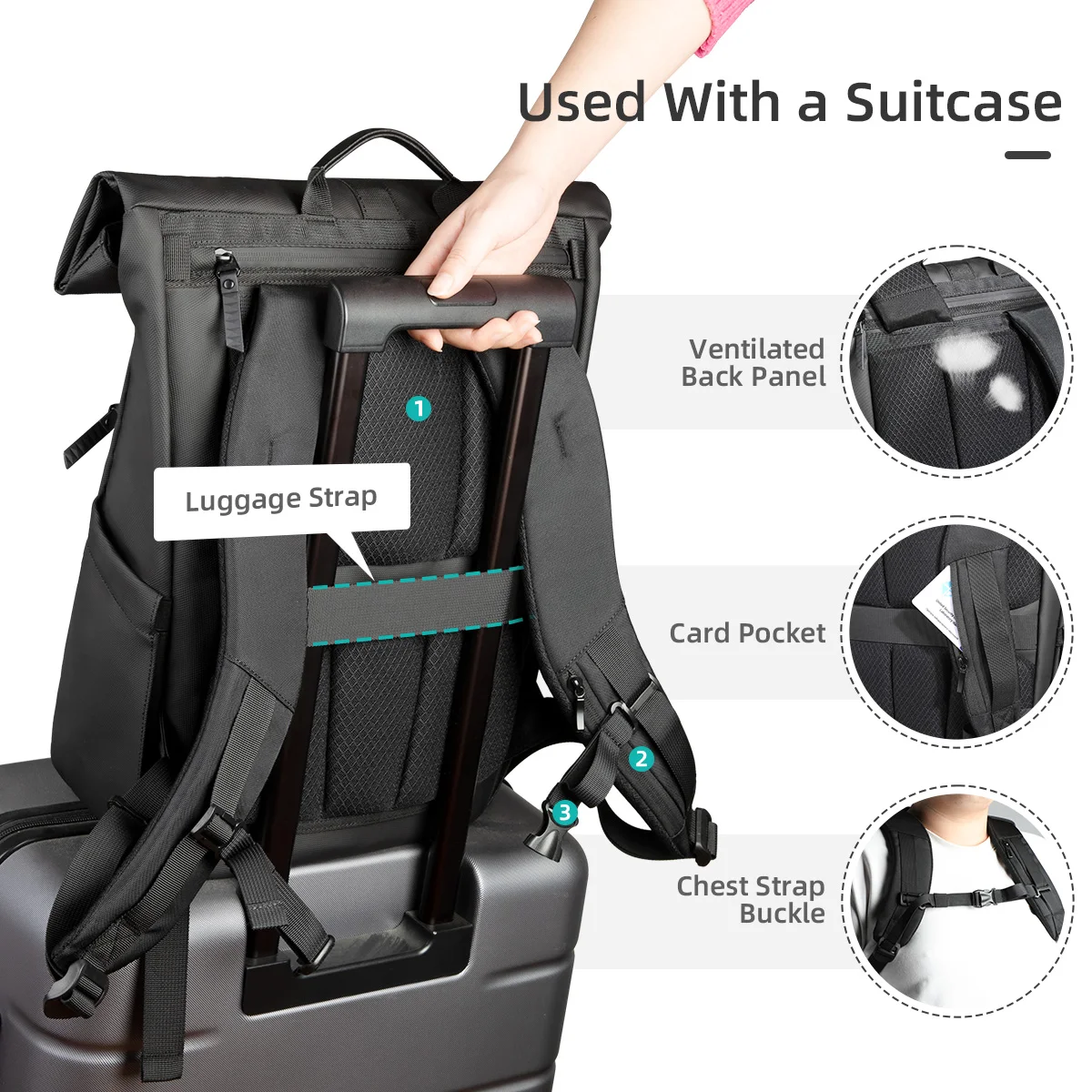 Mochila de viaje multifuncional HK para hombre, mochila grande enrollable para senderismo, impermeable, bolsa para ordenador portátil de 15,6 pulgadas, mochila deportiva para exteriores