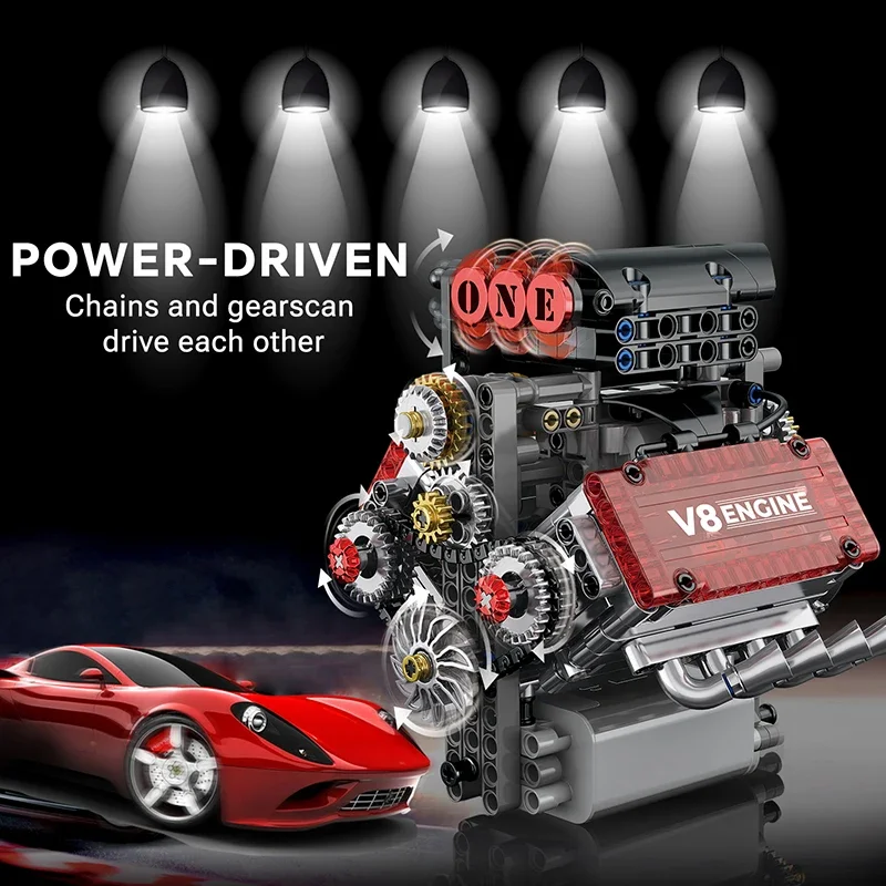 Moteur en brique V8, modèle de Simulation motorisé, blocs de construction à entraînement électrique, pièces de voiture techniques, jouets créatifs, cadeaux pour garçons et adultes