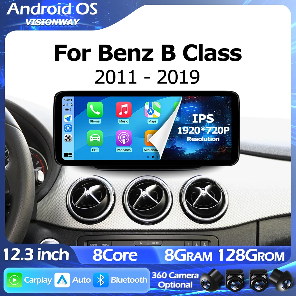 1920*720P Carplay Android 15 12.3 inch For Mercedes Benz B Class W245 W246 2011-2019 Lntelligent Multimedia Player GPS Auto 4G