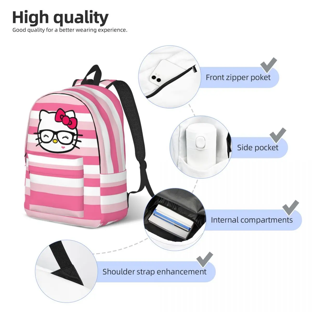 Hello Kitty Happily Backpack for Preschool Kindergarten School Student Bookbag Boy Girl Kids Canvas Daypack Hiking