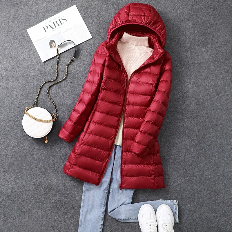 Women\'s X-long Office Lady Hat Detachable Puffer Jackets 2023 New Arrival Autumn Winter White Duck Down Warm Coat