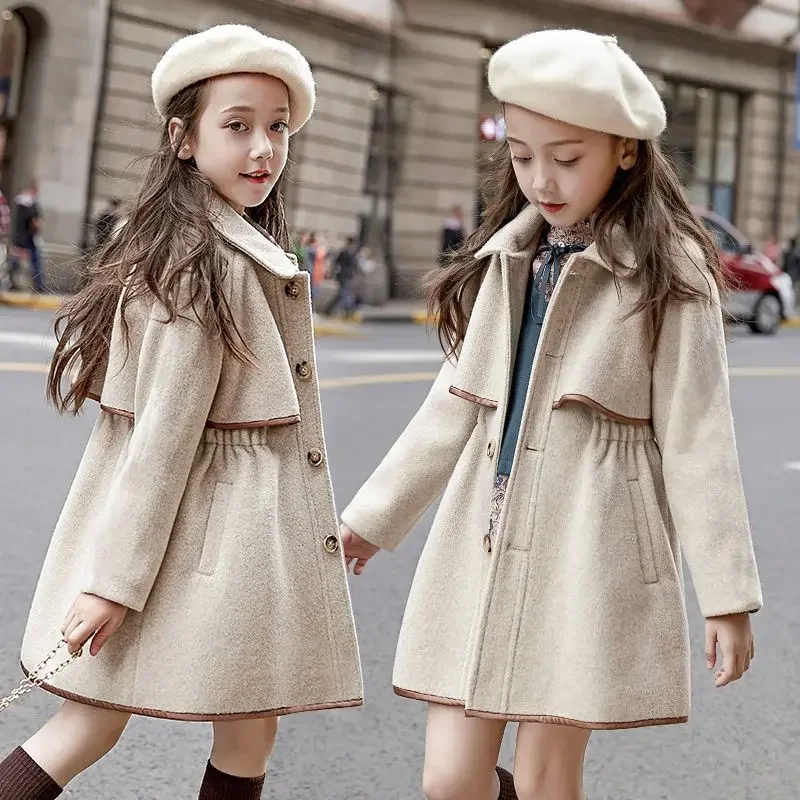 Grils Woolen Coat Autumn Thick Outwear Girl Wool Jackets Children Long Coats Fashion Winter Gril Warm Jacket Wind Cloak