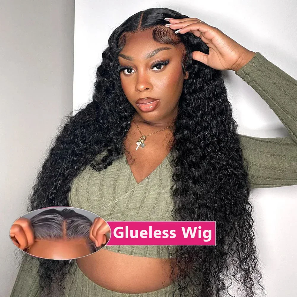 Deep Wave Glueless Wigs Human Hair Ready to Wear Pre-Cut 6x4 Lace Closure Wig Curly 30 32Inch Lace Wig Pre Plucked Remy Hair