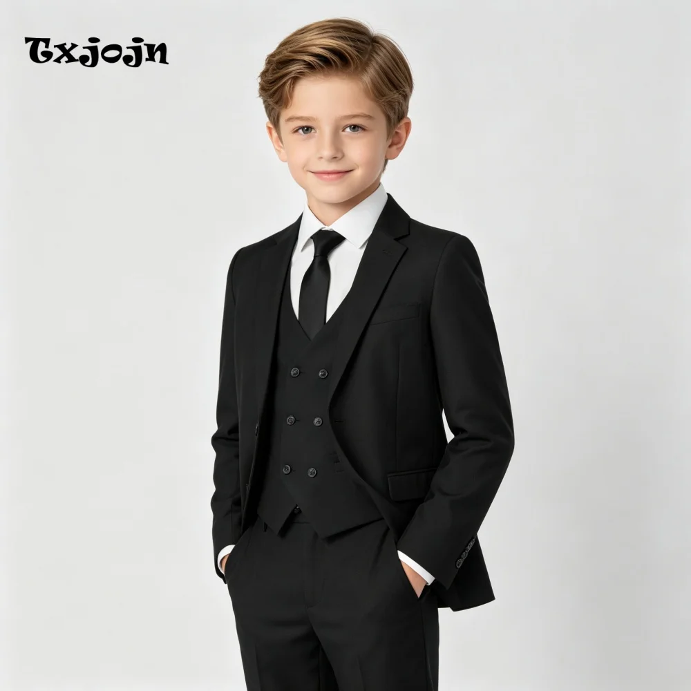 Tailored Formal Boys Suit Black 3-piece Set Wedding Tuxedos Pointed Collar Jacket Classic 2-16 Year Blazer Pants Vest for Party