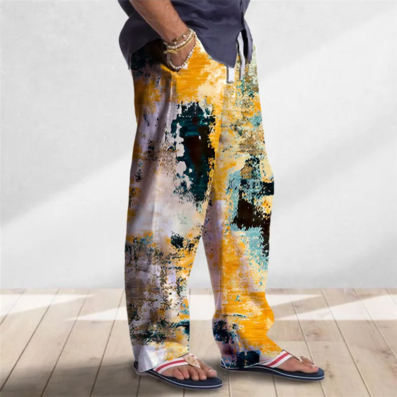 

Fashion Vintage Drawstring 3D Printed Wide Leg Pants Holiday Casual Loose Pants Summer Men Loose Beach Pants