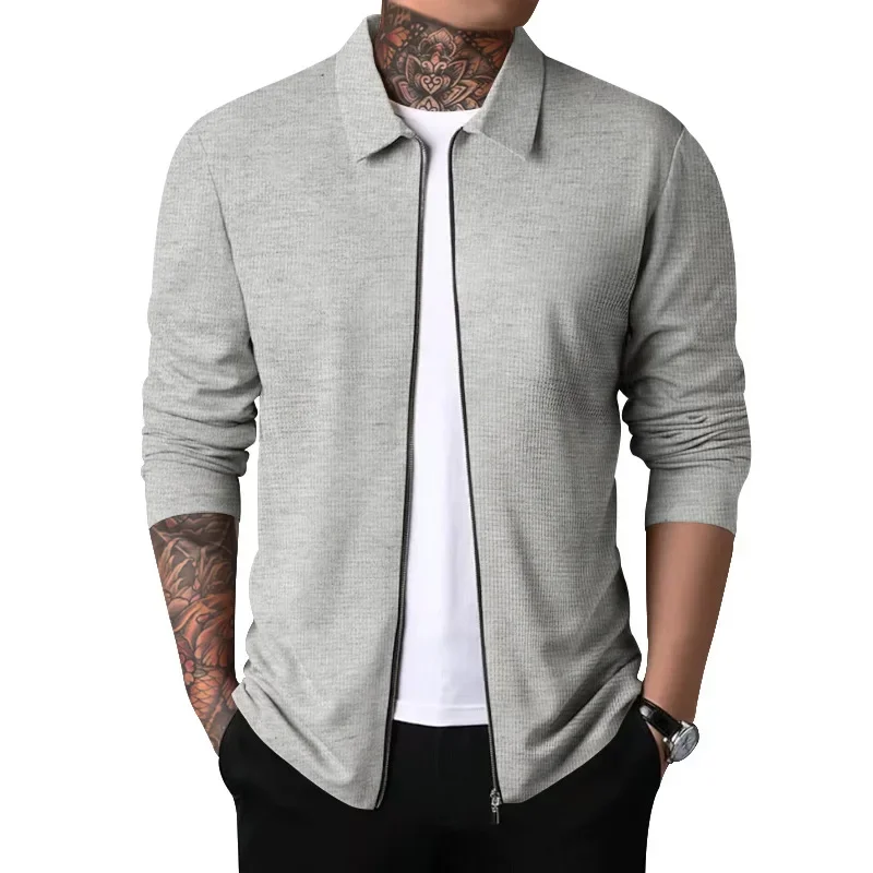 Spring Autum New Men's Solid Color Casual Waffle Turn Down Sweatshirts for Men Golf Wear Men Outerwear Men's Clothing Tops 4XL