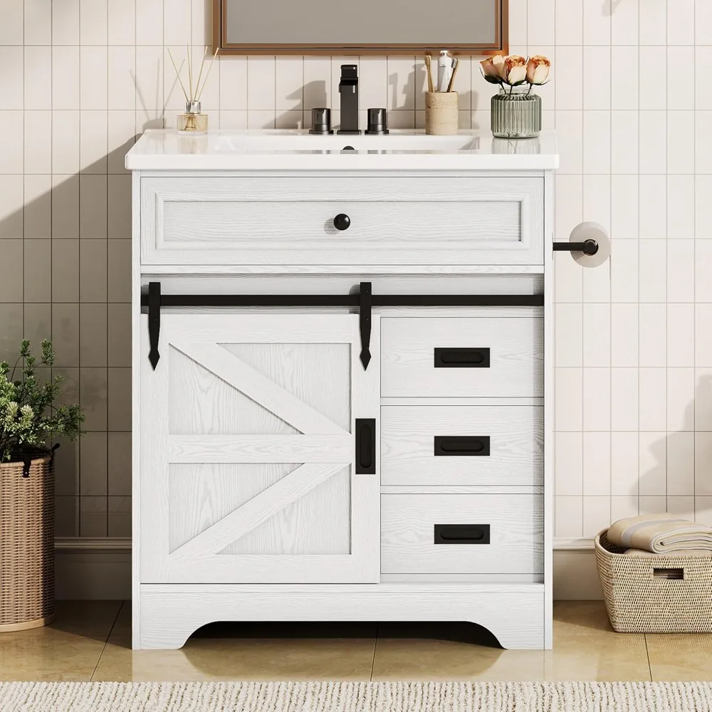 

30" Farmhouse Bathroom Vanity with Sink – Freestanding, Sliding Barn Door & Flip Drawer Storage