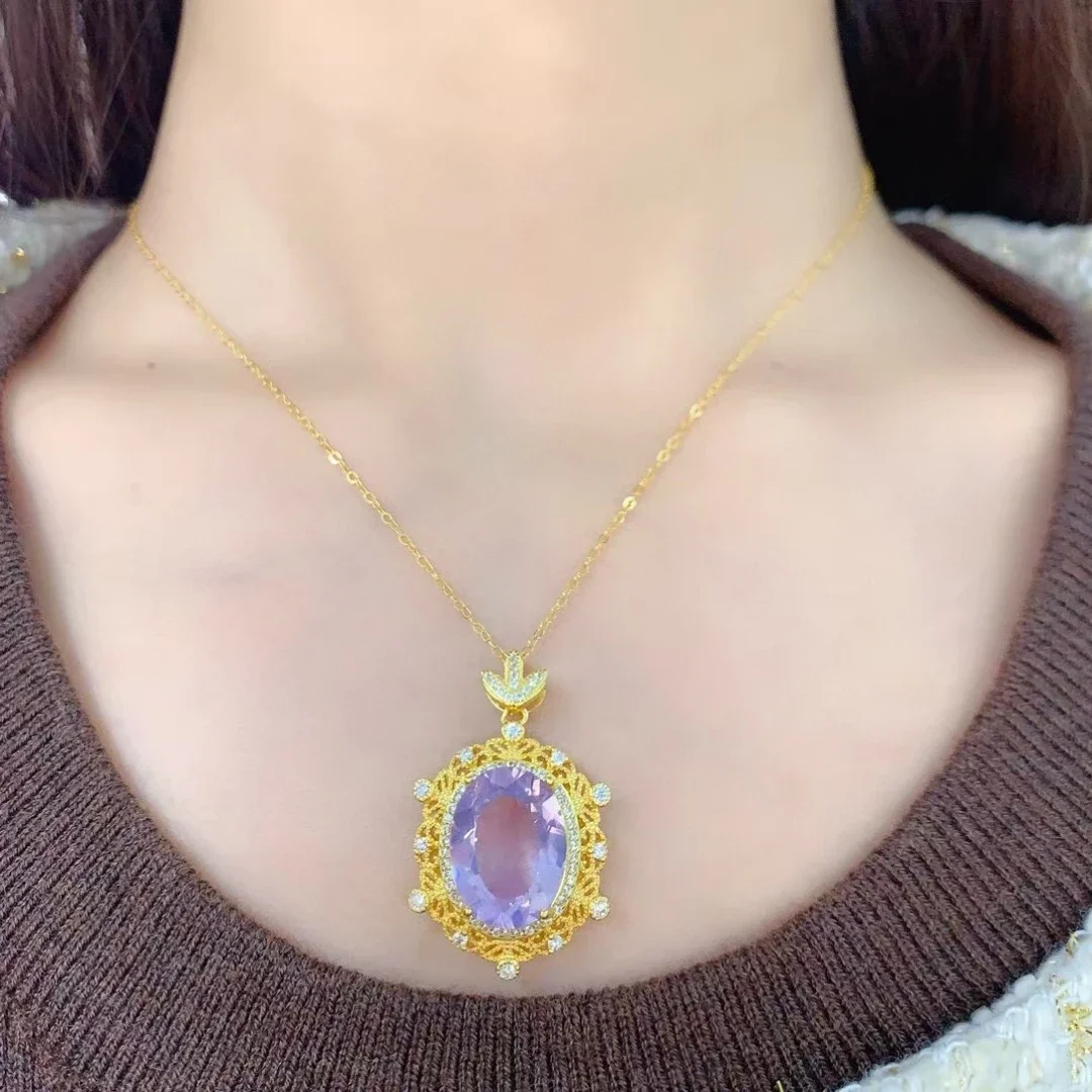 Luxury 18K Gold Plated Amethyst Pendant for Party Solid 925 Silver 12mm*16mm 10ct Natural Light Purple Amethyst Necklace Pendant