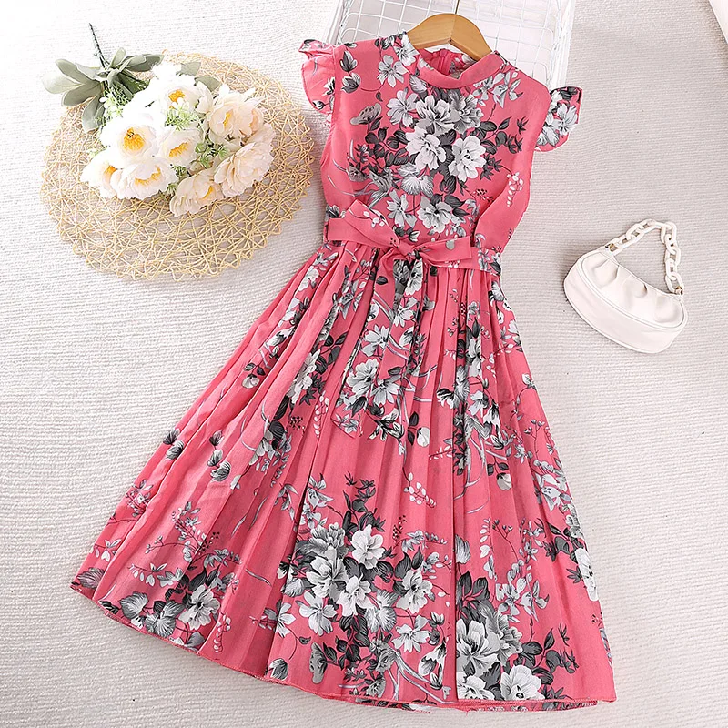 Kids Dress For Girls Floral Print Fly-sleeve Pleated Dress Summer Clothes Casual Style Dress