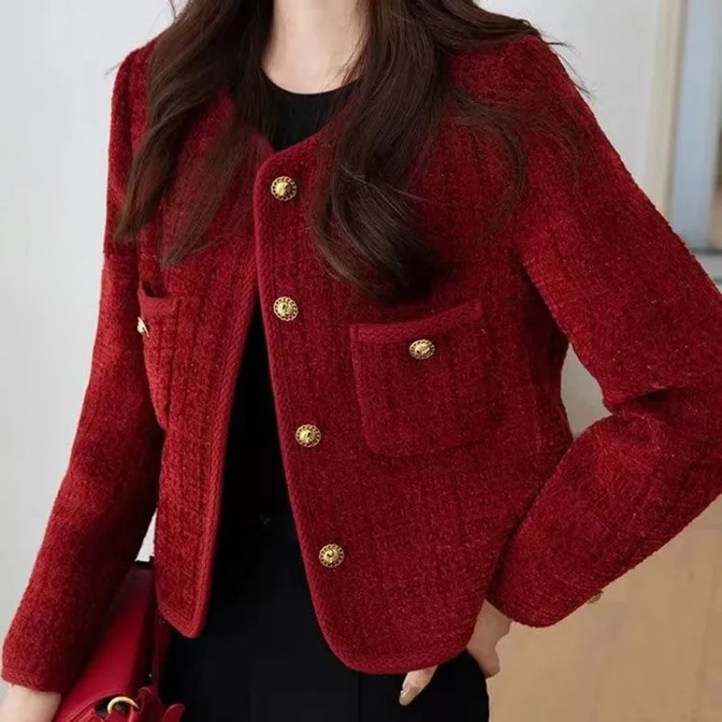 Women's Wine Red Jackets Vintage Cropped Korean Tweed Striped Button Pockets Autumn Jackets Elegant Thickened Cotton-padded Coat