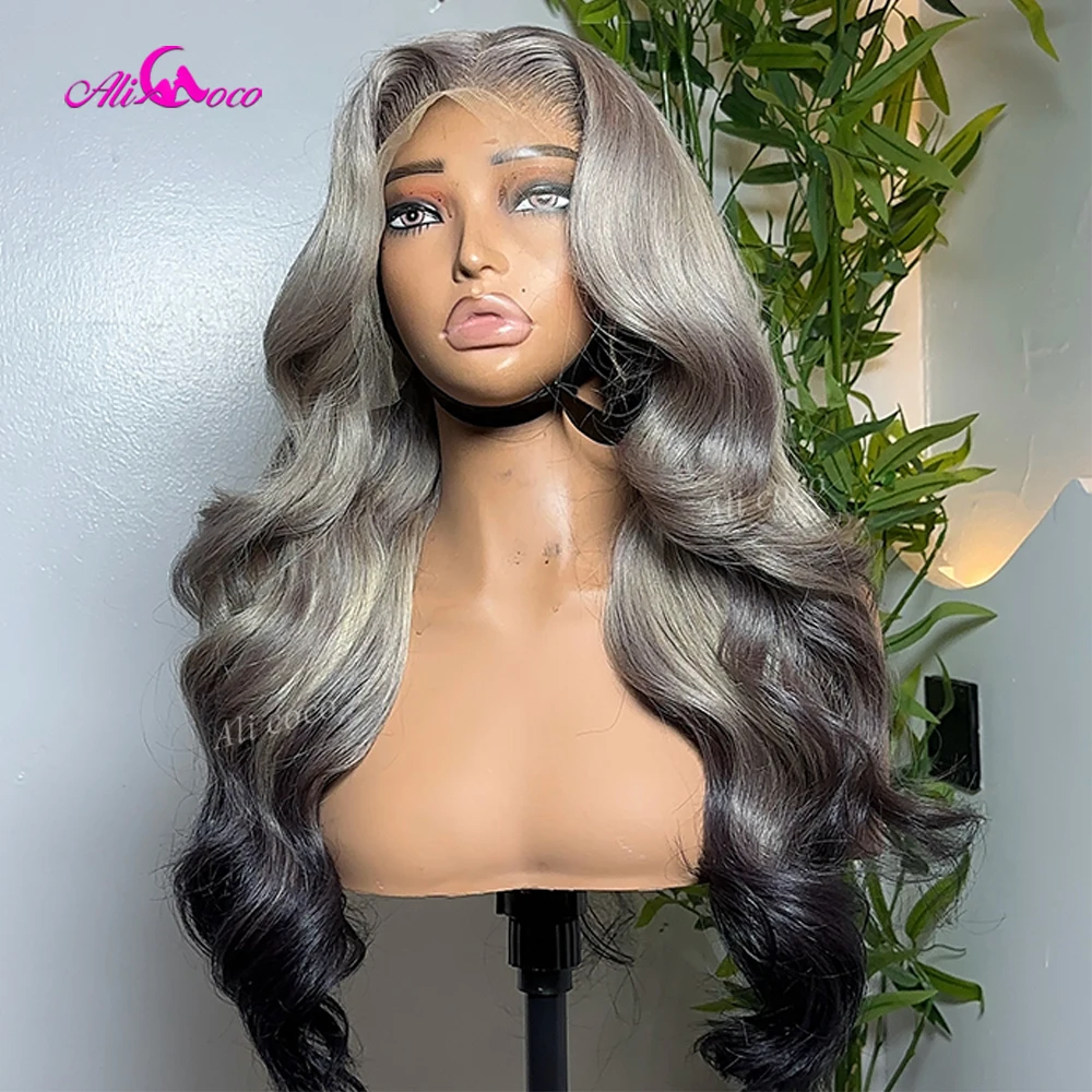 32 Inch Real Remy Hair Glueless Ombre Grey 613 Colored 13X4 13x6 HD Lace Front Human Hair Wig For Women Body Wave  Pre Plucked
