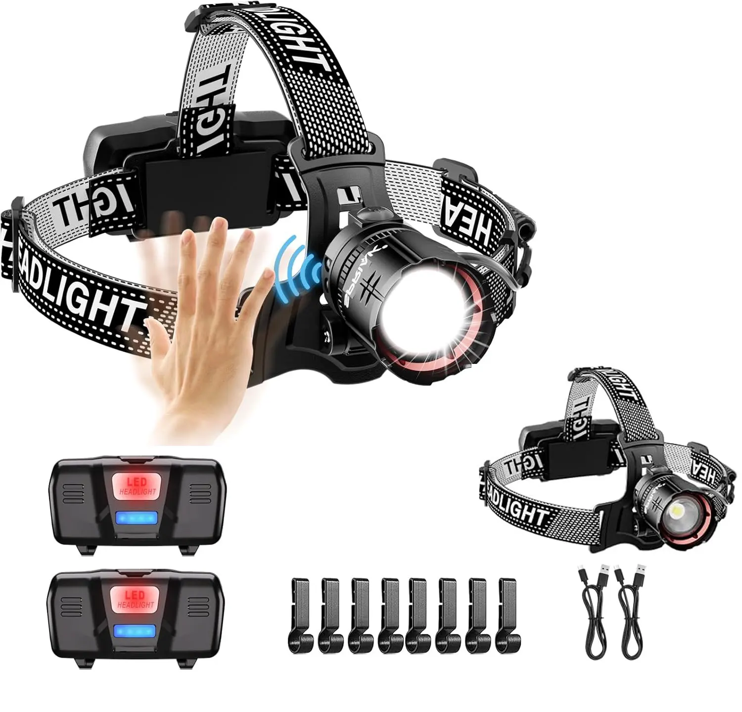 

High Lumens LED Headlamp& 100H Using Time, USB Rechargeable Head lamp, 90° Adjustable Widebeam Motion Sensor Head Light with 5 M