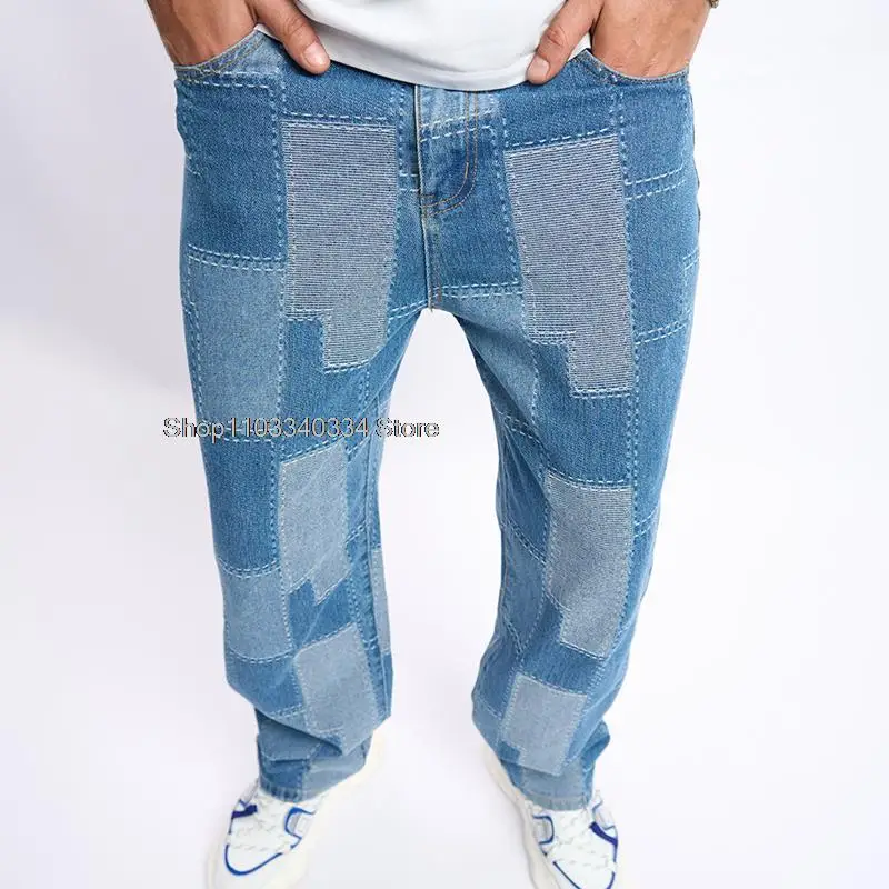 Jeans for Men Trendy Patches Men's Loose Wide-leg Pants Mop Pants  Sewing Needle Elastic Jeans