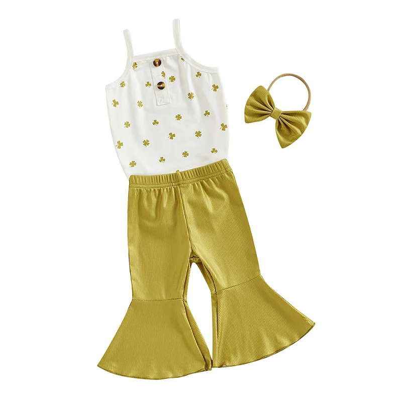 

St Patrick s Day Baby Girl Outfit Infant Clover Print Cami Romper Top Flare Pants Newborn Summer Shamrock Clothes