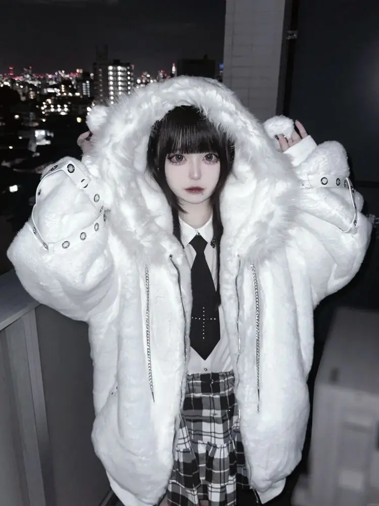 Solid Winter Y2k Aesthetic Jackets Grunge Pocket Women Harajuku Tops Vintage Fur Patchwork Loose Casual Hooded Coats Streetwear