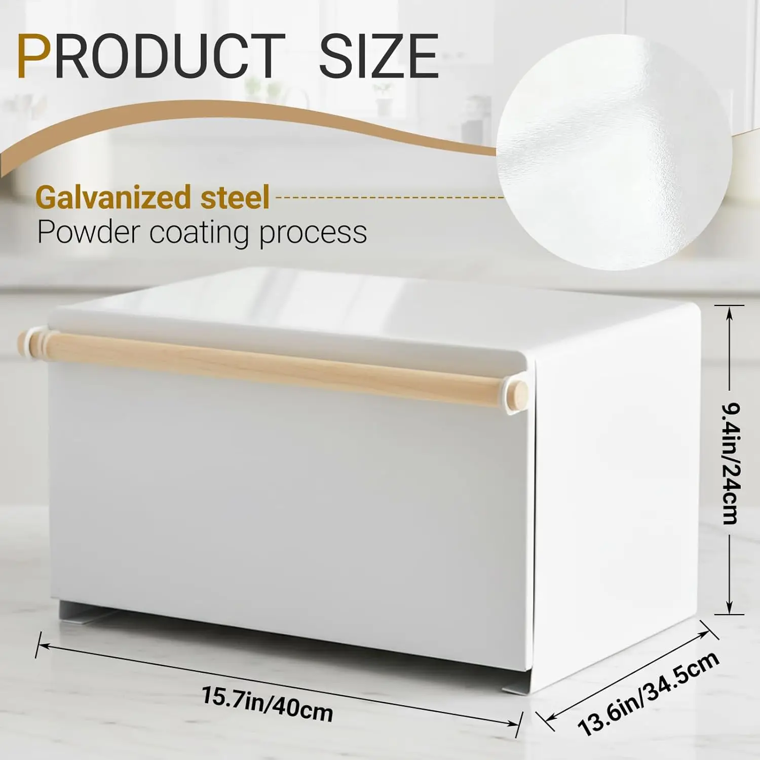 Slim Metal Bread Box with Wood Handle, Space-Saving Kitchen Storage Container for Countertops