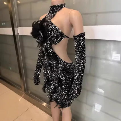 

Women Sexy Elegant Feathers Celebrity Evening Runway Party Long Sleeve Patchwork Prom Dress