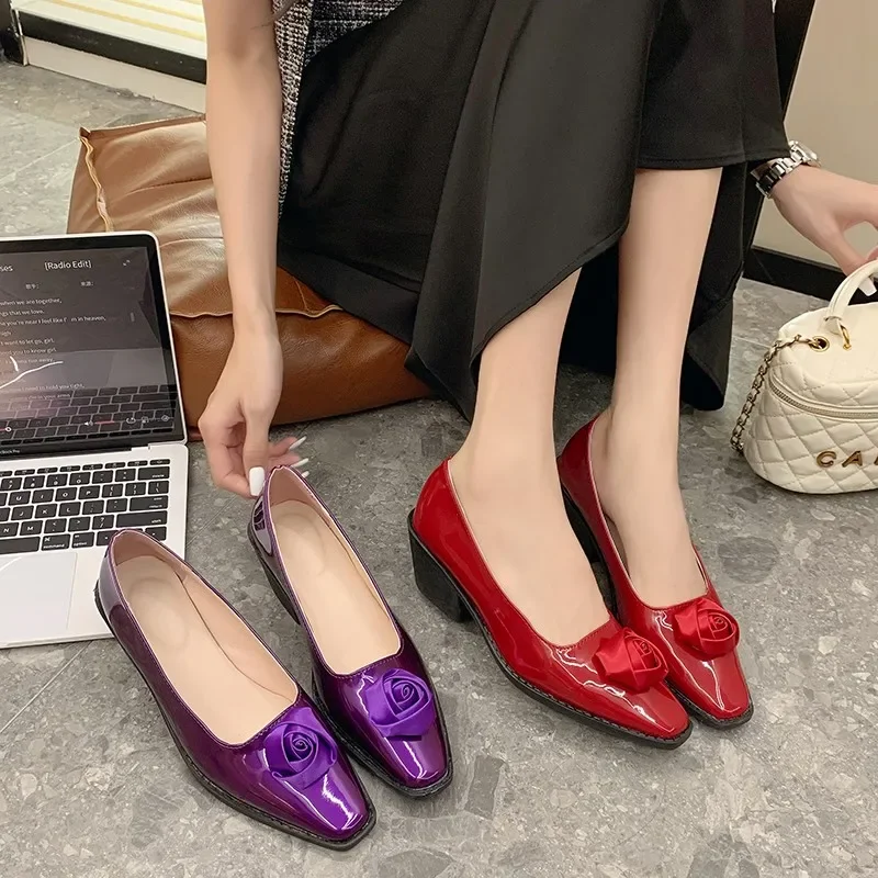 High Quality Female Purple High Heels 2024 Summer New Fashion Square Toe Women\'s Pumps Elegant Rose Design Girl\'s Date Shoes