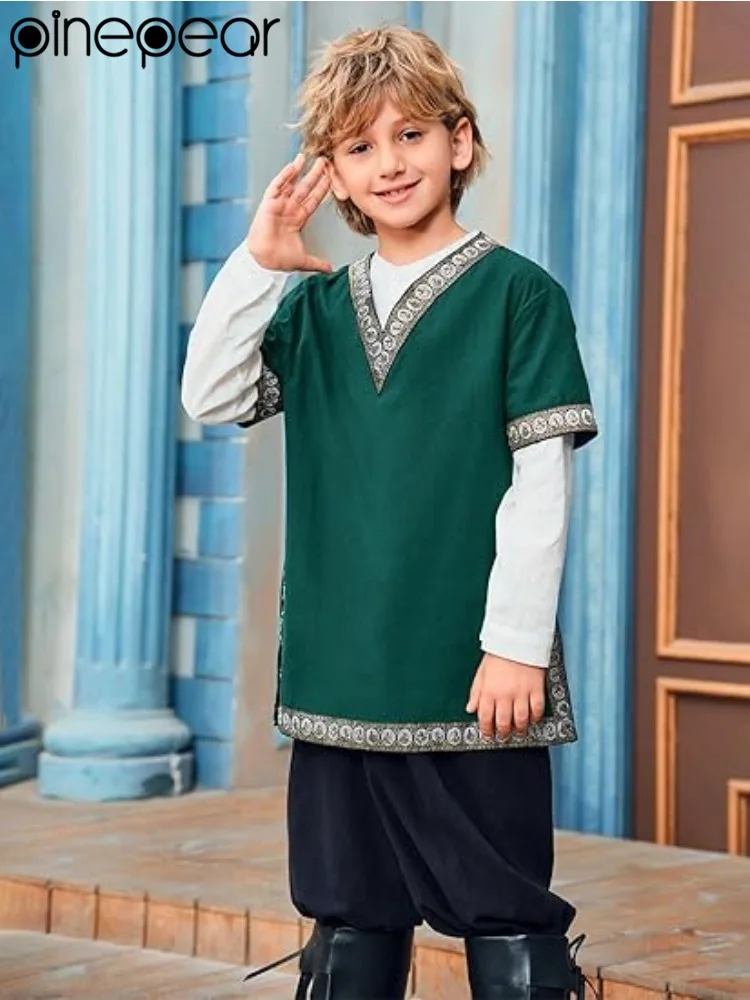 

Kids Vintage Viking Knight Pirate Top Short Sleeve Steampunk Medieval Victorian Children's Tunic Boys Halloween Cosplay Costumes