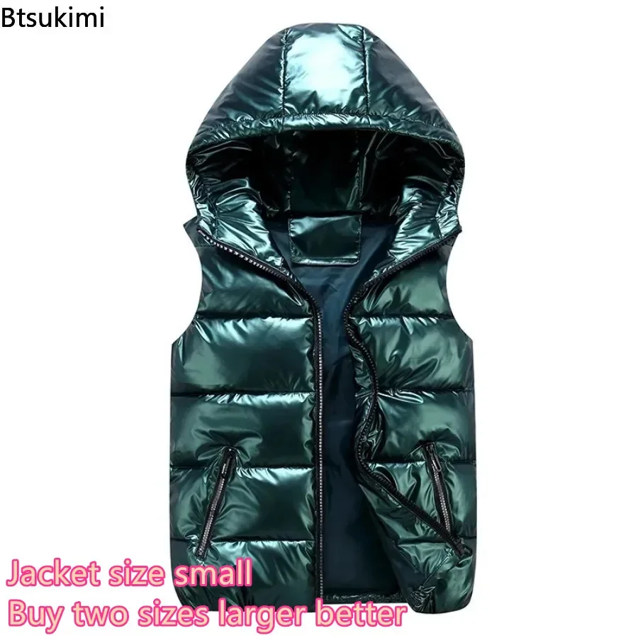 Men\'s Down Cotton Lightweight Vest Coats Couple Casual Waterproof Waistcoat Winter Men\'s Hooded Glossy Sleeveless Parkas Vest