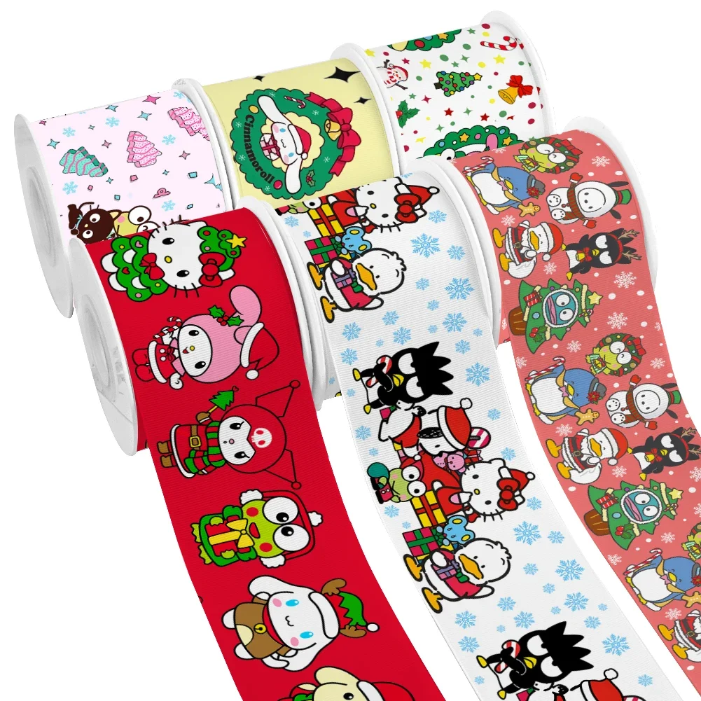 MINI Christmas Sanrio Character Pattern Printed Grosgrain Satin Ribbon for Gift Wrapping Hair Bow Craft Accessory 50 Yards