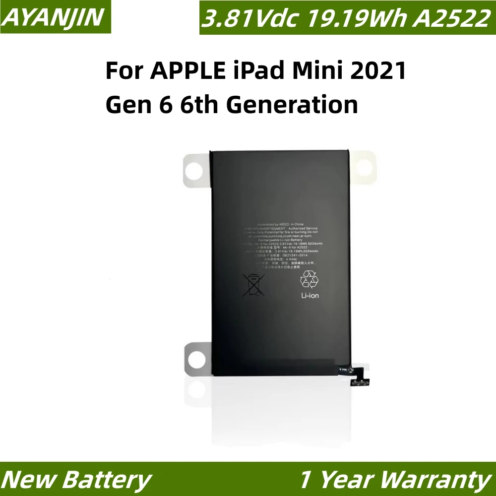 

A2522 3.81Vdc 19.19Wh 5034mAh Tablet Battery For APPLE iPad Mini 2021 Gen 6 6th Generation A2567 A2568 A2569 EMC 4043