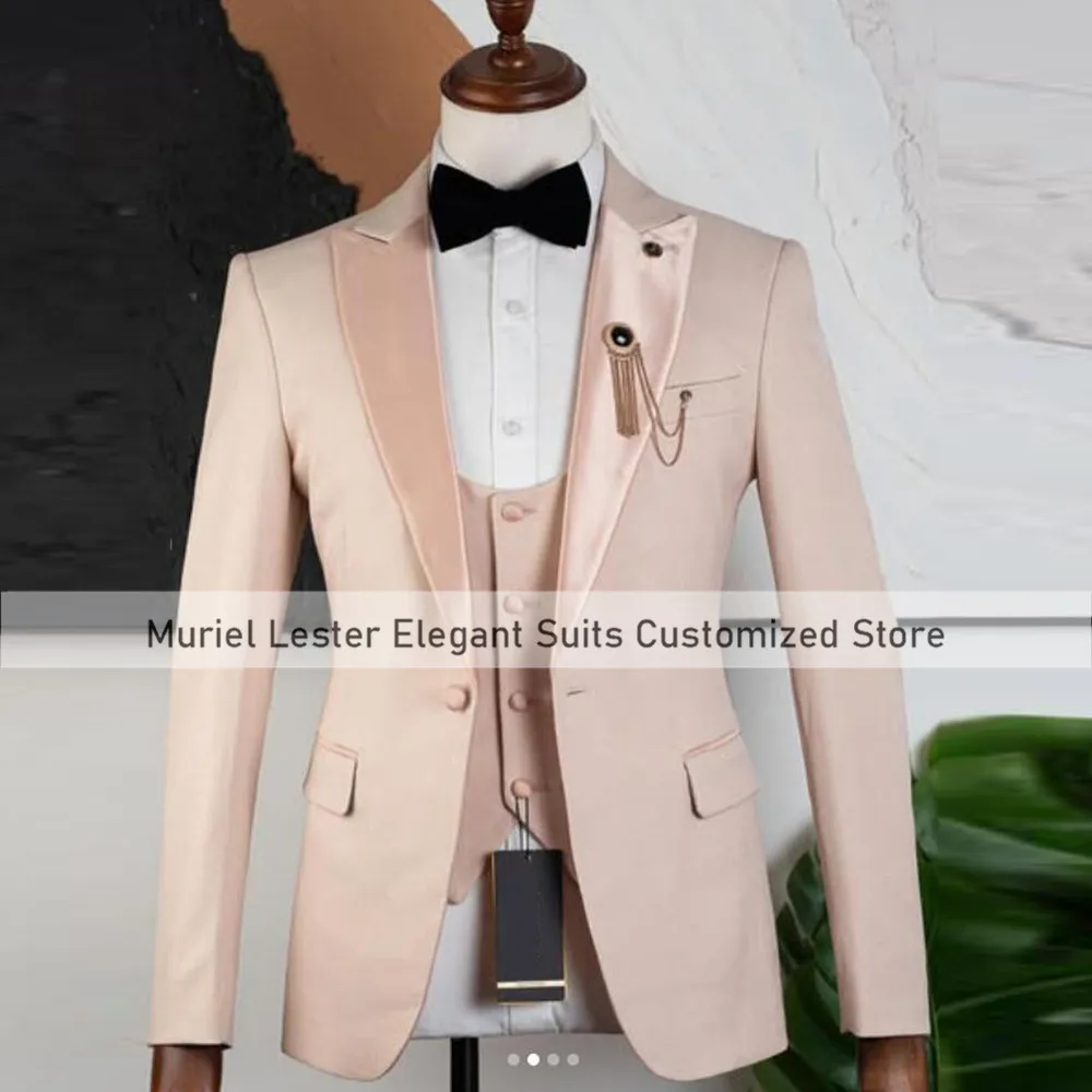 

Classic Pink Suits Men For Wedding Single Breasted Prom Blazers Customized 3-Piece Sets Groom Tuxedo Plus Size traje de hombre
