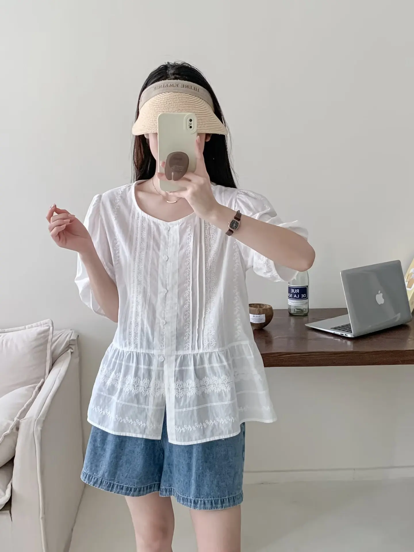 New Summer Cotton Casual Short Sleeve Shirt Women O Neck Embroidery Tops Girl Loose Commute Sweet Blouses 2024 Autumn T45951QC