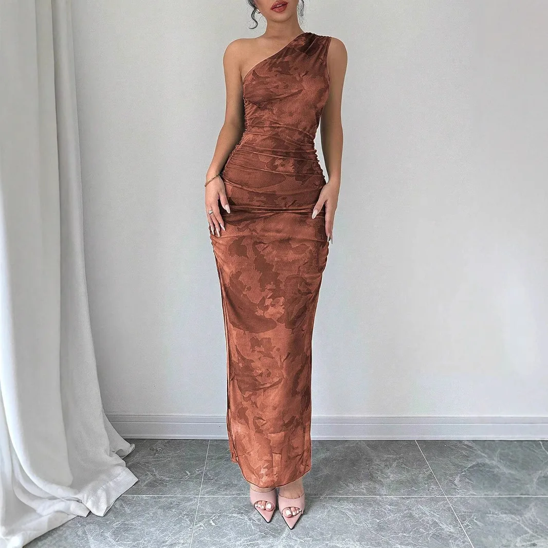 Mulheres elegantes marrom inclinado gola de ombro sem mangas floral impressão lateral fenda vestido apertado verão moda magro ajuste vestidos de festa