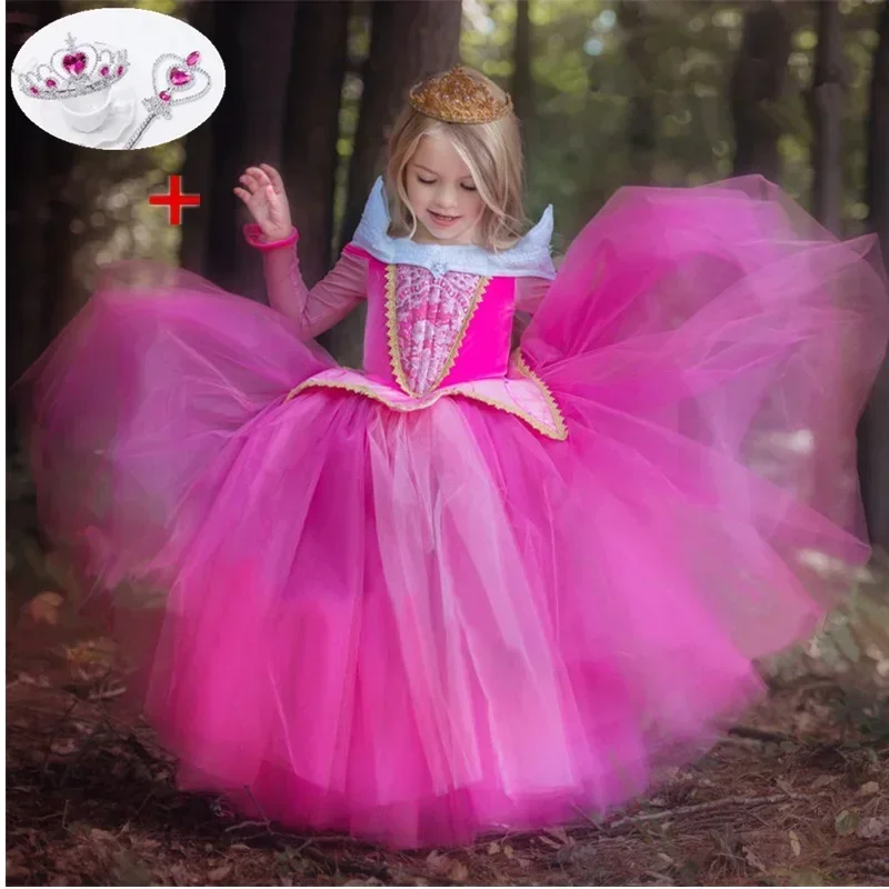 Girls Sleeping Beauty Aurora Cosplay Princess Dress Kids Frozen Elsa Anna Set 3-10Yrs Children Halloween Costume Party Clothings