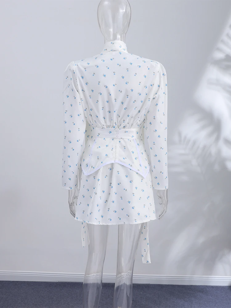Bedrucktes Minikleid mit tiefem V-Ausschnitt, langen Ärmeln und Taillenband – Sexy Damenkleid mit Puffärmeln und Schleifen – Schicke Damenroben – Detail 2